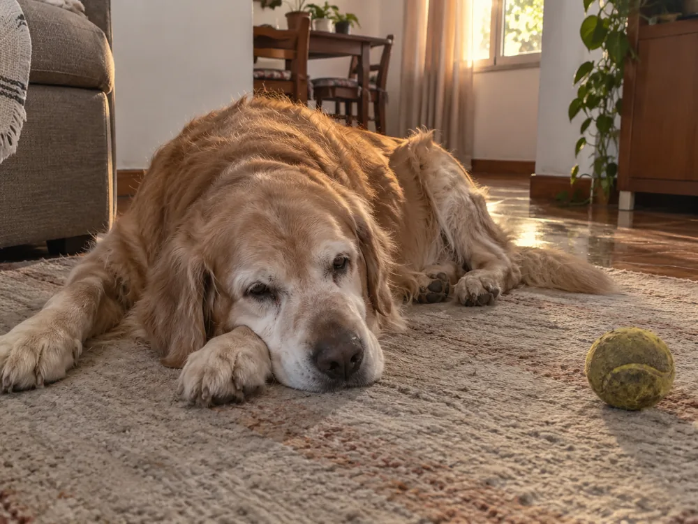 Golden retriever idoso deitado no tapete ignorando a bolinha