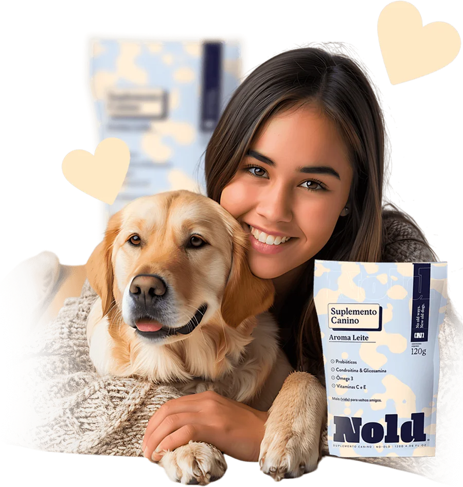 Tutora abraçada ao golden retriever segurando o pacote de Nold